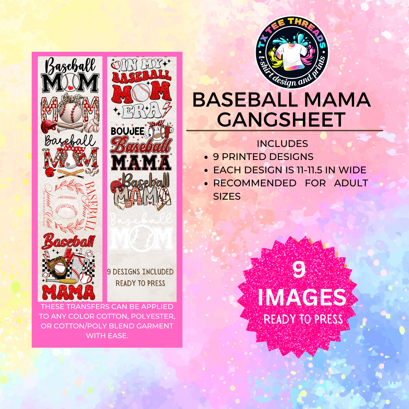 Baseball Mama Themed DTF Premade Gangsheet