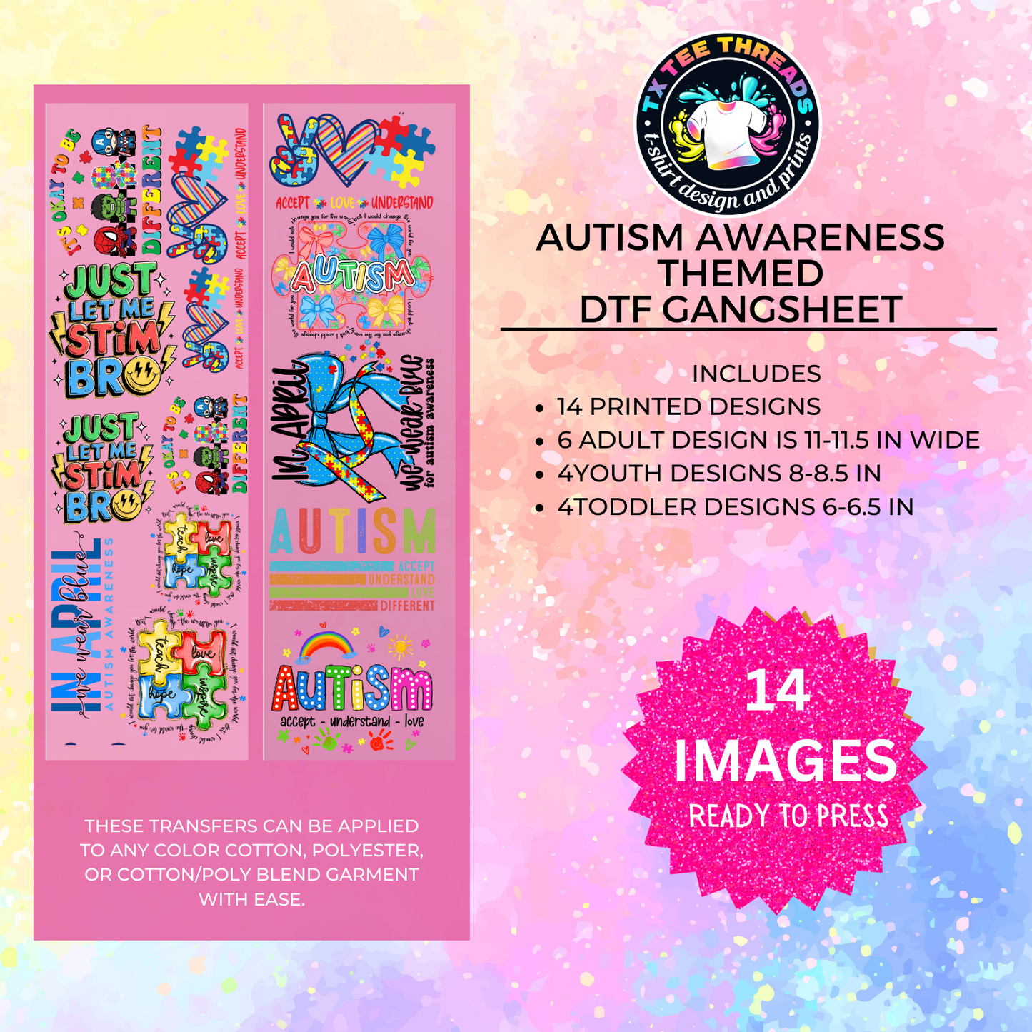 Autism Awareness Themed DTF Premade Gangsheet