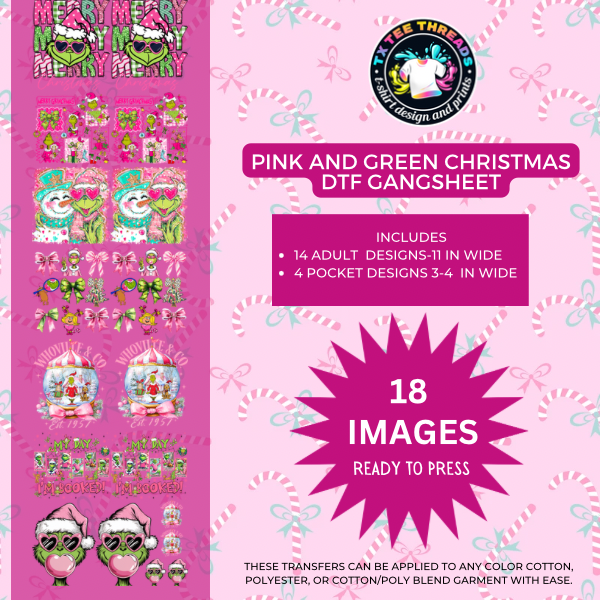 (Pink and green Christmas DTF Premade Gangsheet